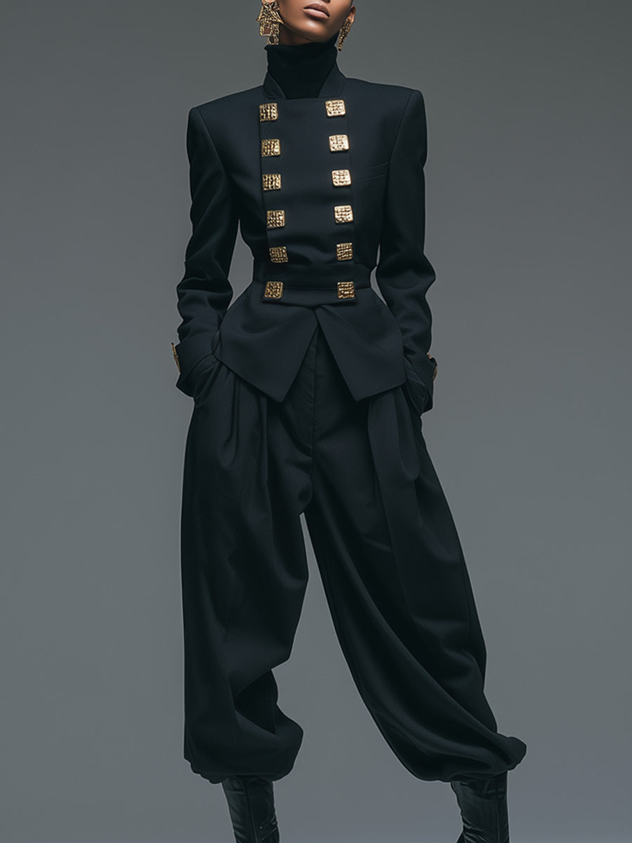 Retro Stand-up Collar Double-breasted Metal Decoration, Black X-shaped Blazer And Wide Pants Suit