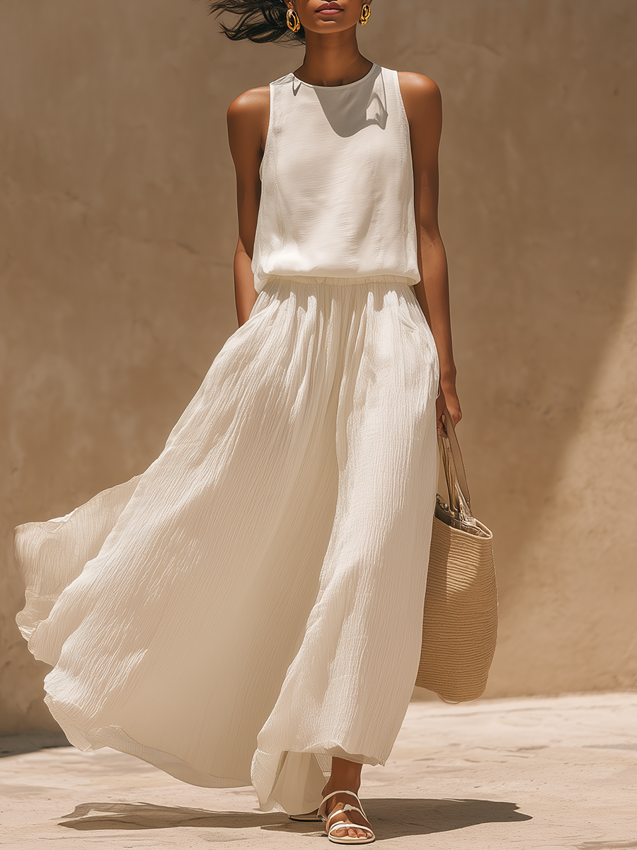 Stylish Simple Loose-fitting Sleeveless Round-neck Top And Pleated Long Skirt White Chiffon Set