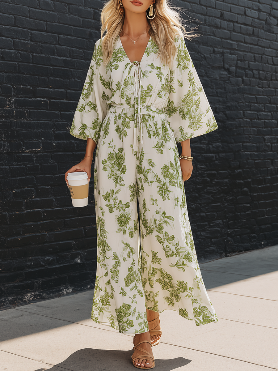 Resort Style White Chiffon Printed Bell Sleeve Top And Wide Leg Pants Set