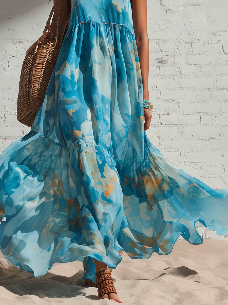 Vacation Style Blue Chiffon Strappy Printed Maxi Dress