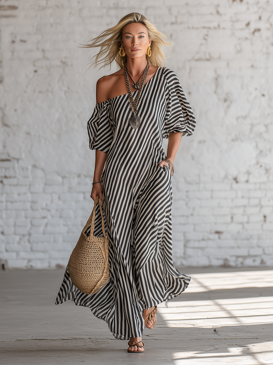 Urban Black Chiffon Striped Print Off Shoulder Maxi Dress