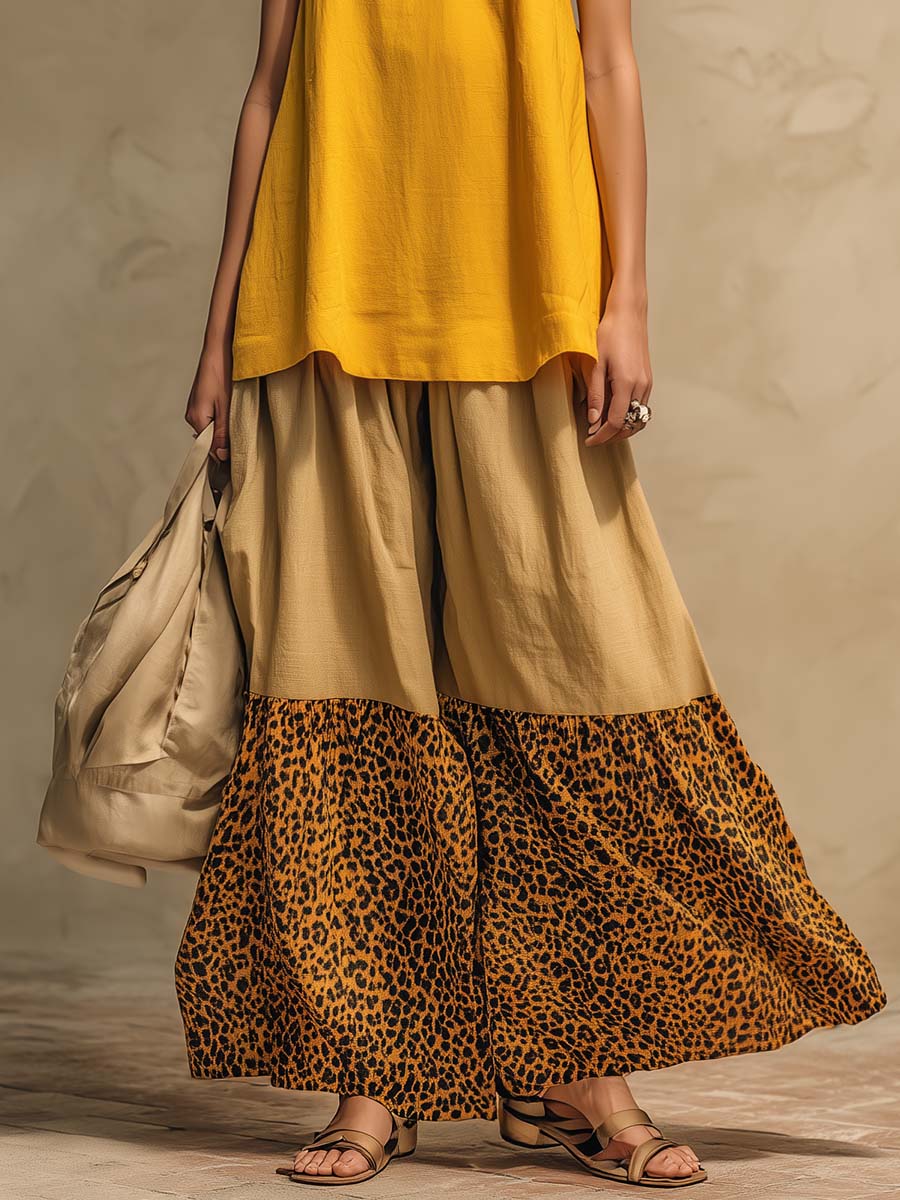 Retro Urban Yellow Cotton Vest And Leopard Print Chiffon Pants Set
