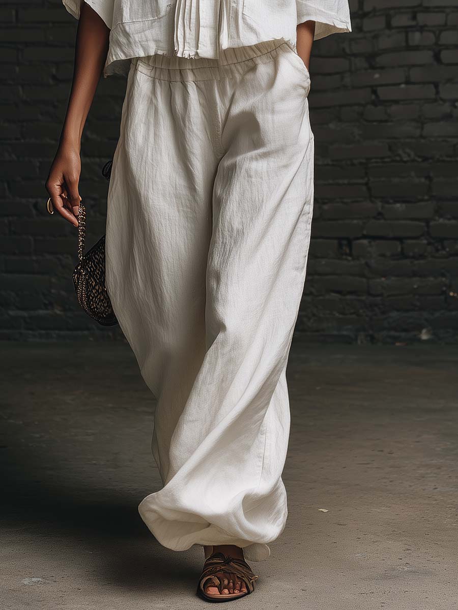 Personalized Casual Urban White Cotton Pleated Short-sleeved Shirt And Pants Set