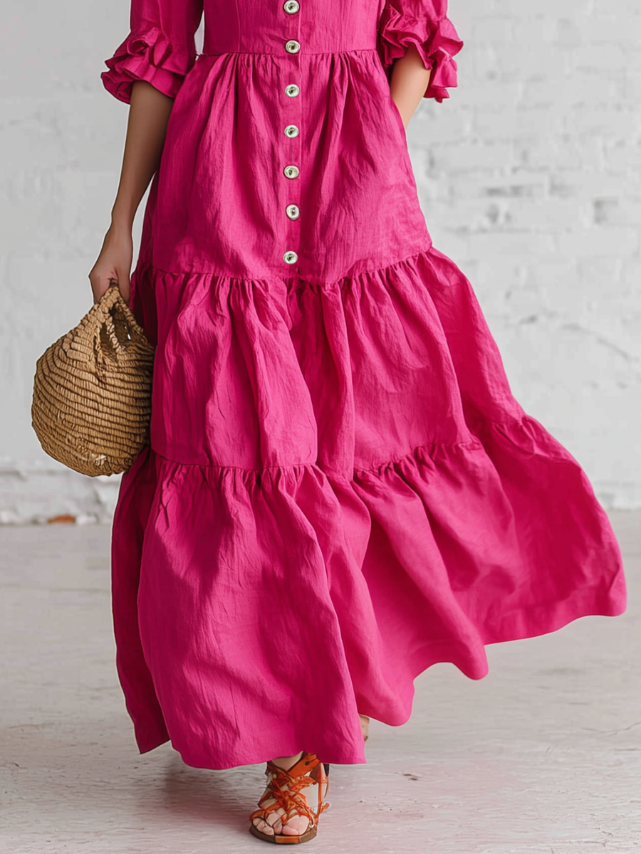 Retro Pink Cotton Linen Ruffled Button Maxi Dress