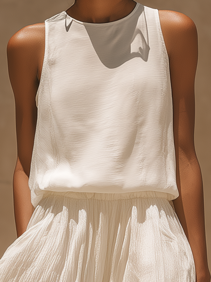 Stylish Simple Loose-fitting Sleeveless Round-neck Top And Pleated Long Skirt White Chiffon Set