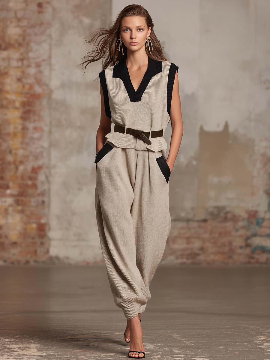 Casual Urban Black Trim Beige Knitted V-neck Sleeveless Top And Pants Set