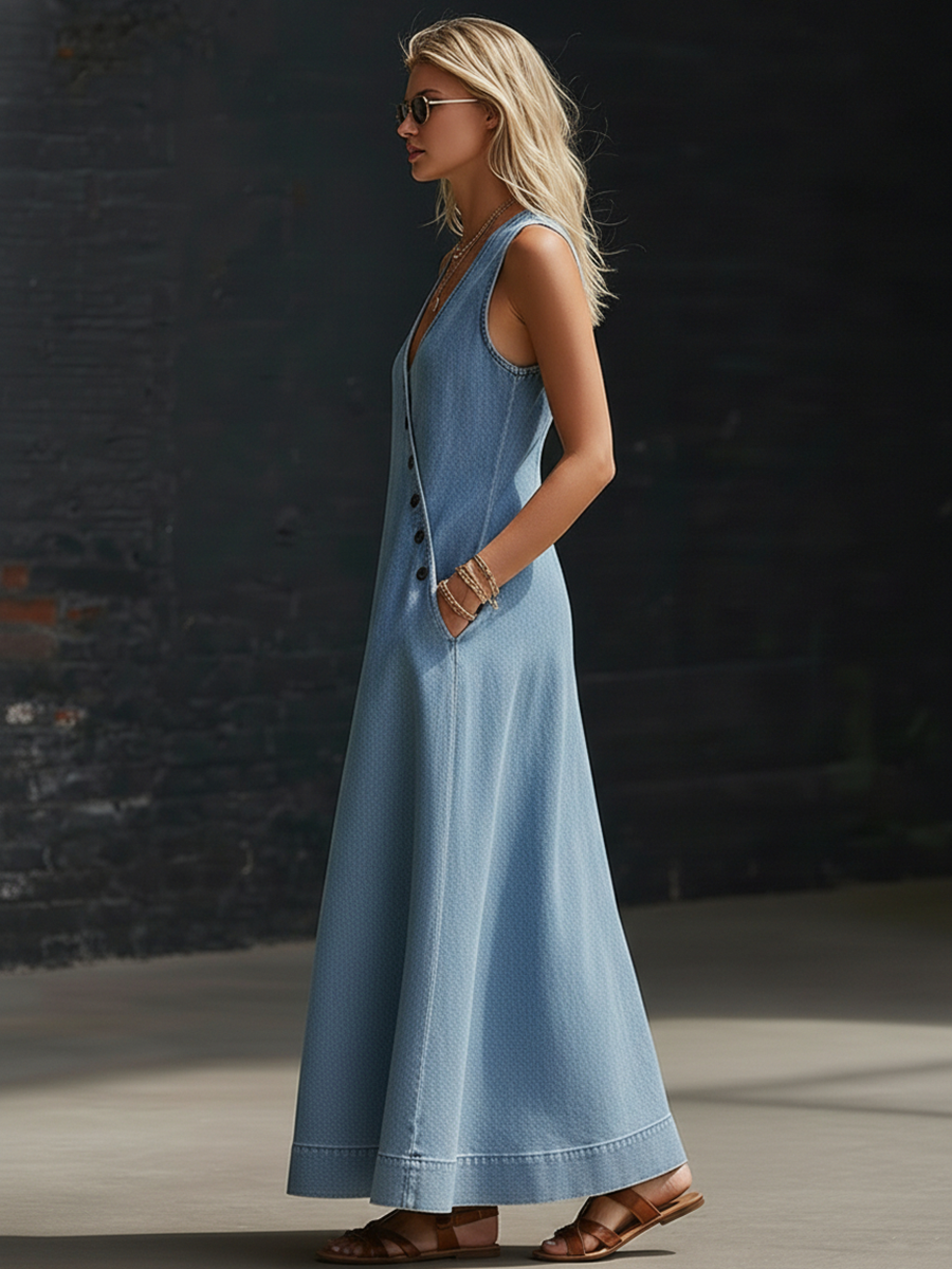 Retro-style Sleeveless V-neck Diagonally Buttoned Blue Denim Maxi Dress
