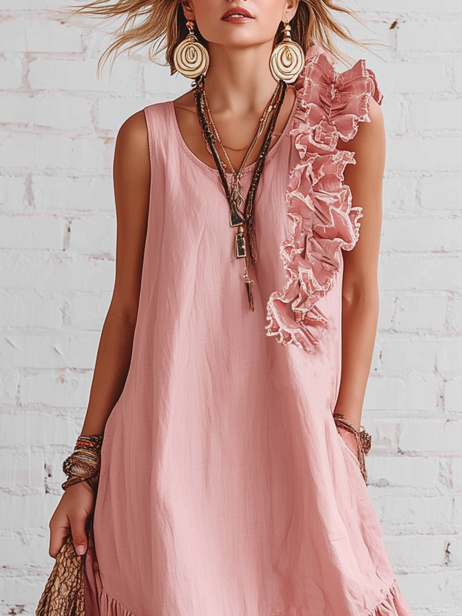 Casual Pink Cotton Linen Blend Sleeveless With Ruffled Round Neckline Maxi Dress