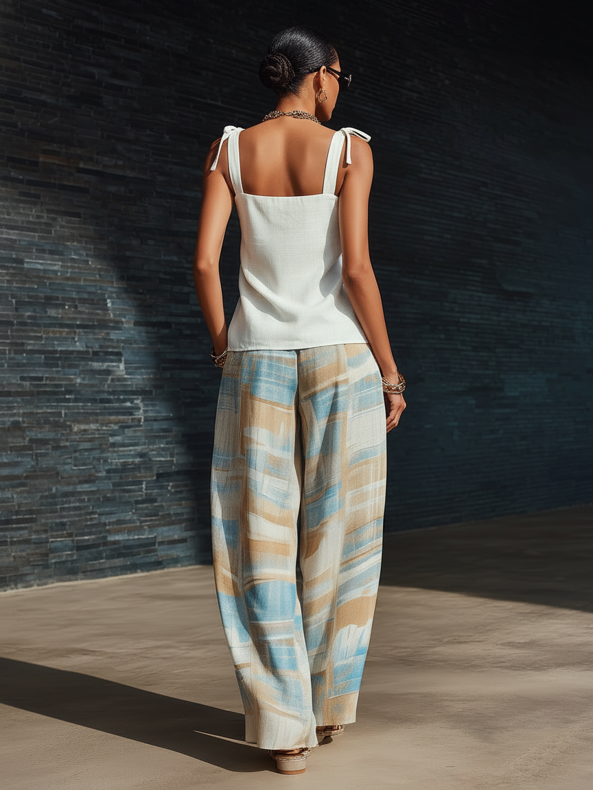 Stylish Minimalist Sleeveless Tie-Shoulder Straps White Cotton Top And Abstract-Print Chiffon Wide-Leg Pants Set