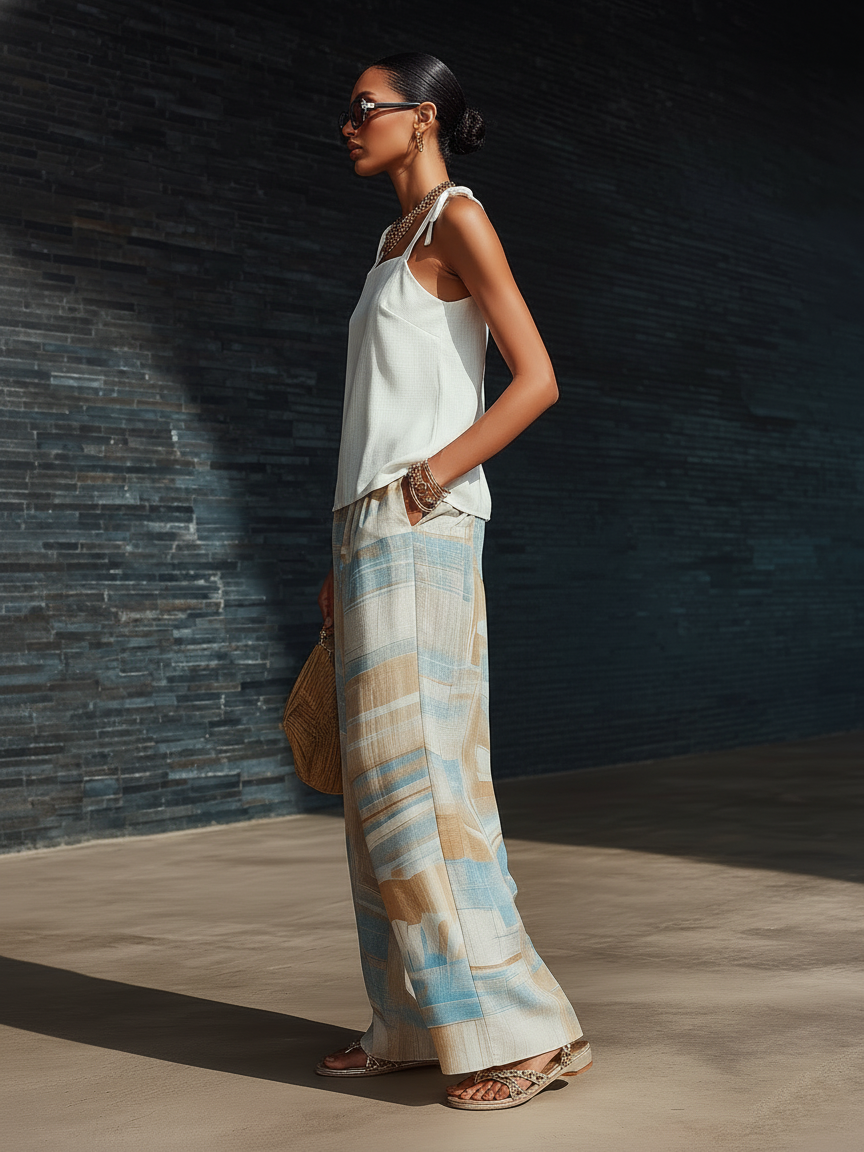 Stylish Minimalist Sleeveless Tie-Shoulder Straps White Cotton Top And Abstract-Print Chiffon Wide-Leg Pants Set
