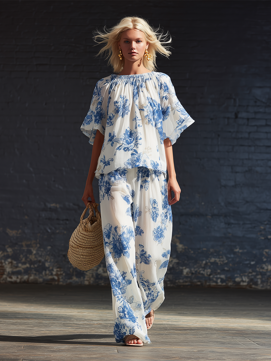 Casual White Chiffon Printed Short Sleeved Top And Wide Leg Pants Set