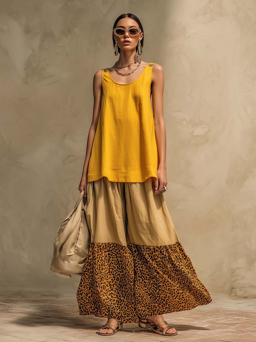 Retro Urban Yellow Cotton Vest And Leopard Print Chiffon Pants Set