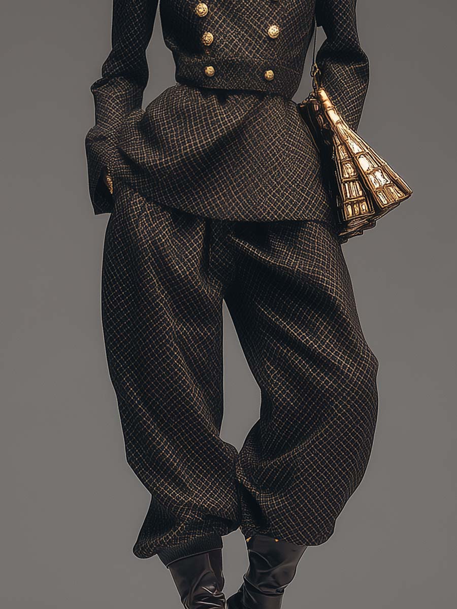 Vintage High-end Brown Diamond Check Stand Collar Double-breasted Waist Jacket And Wide Pants Set