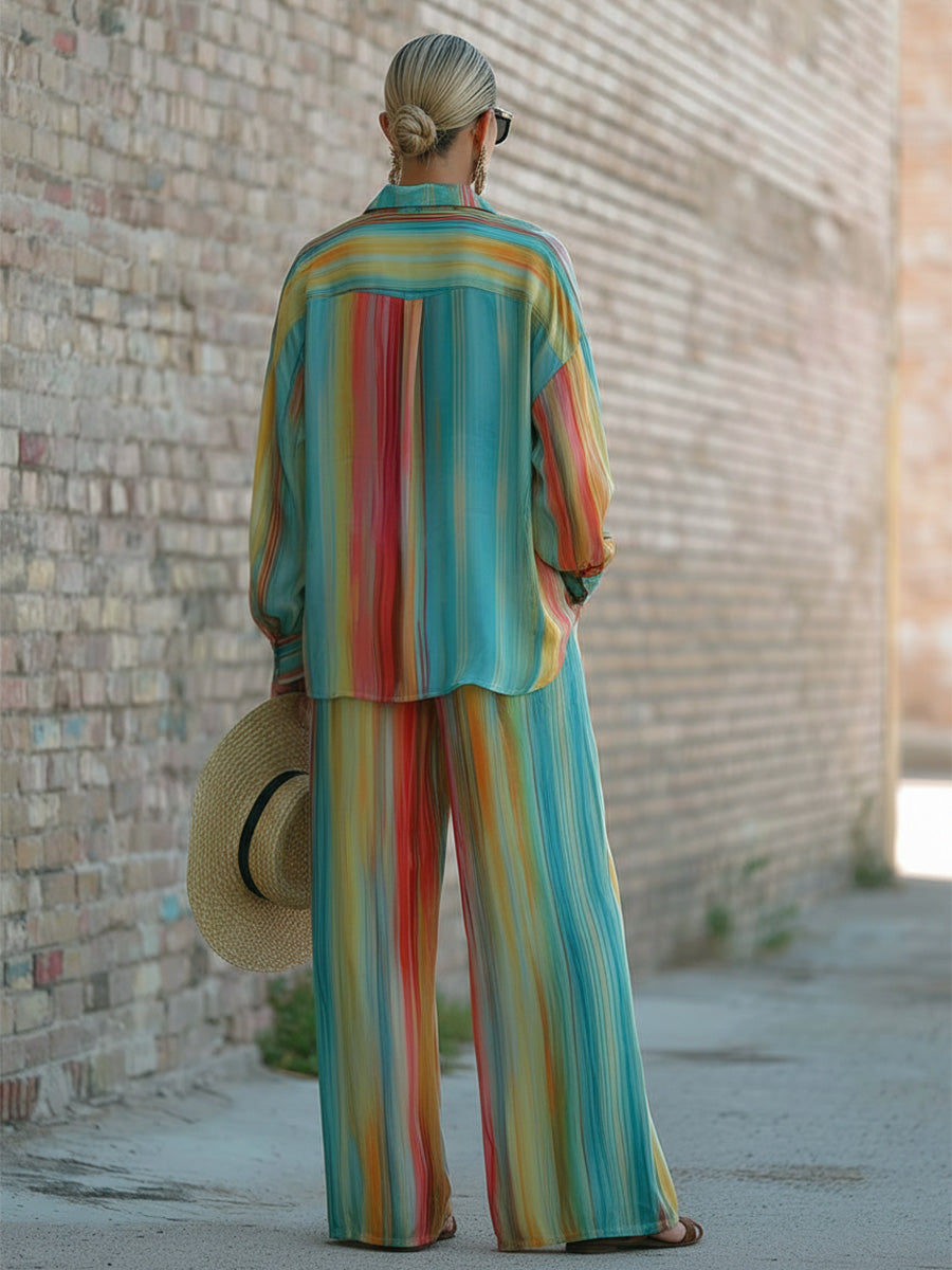 Retro Casual Loose Rainbow Striped Print Chiffon Shirt And Pants Set