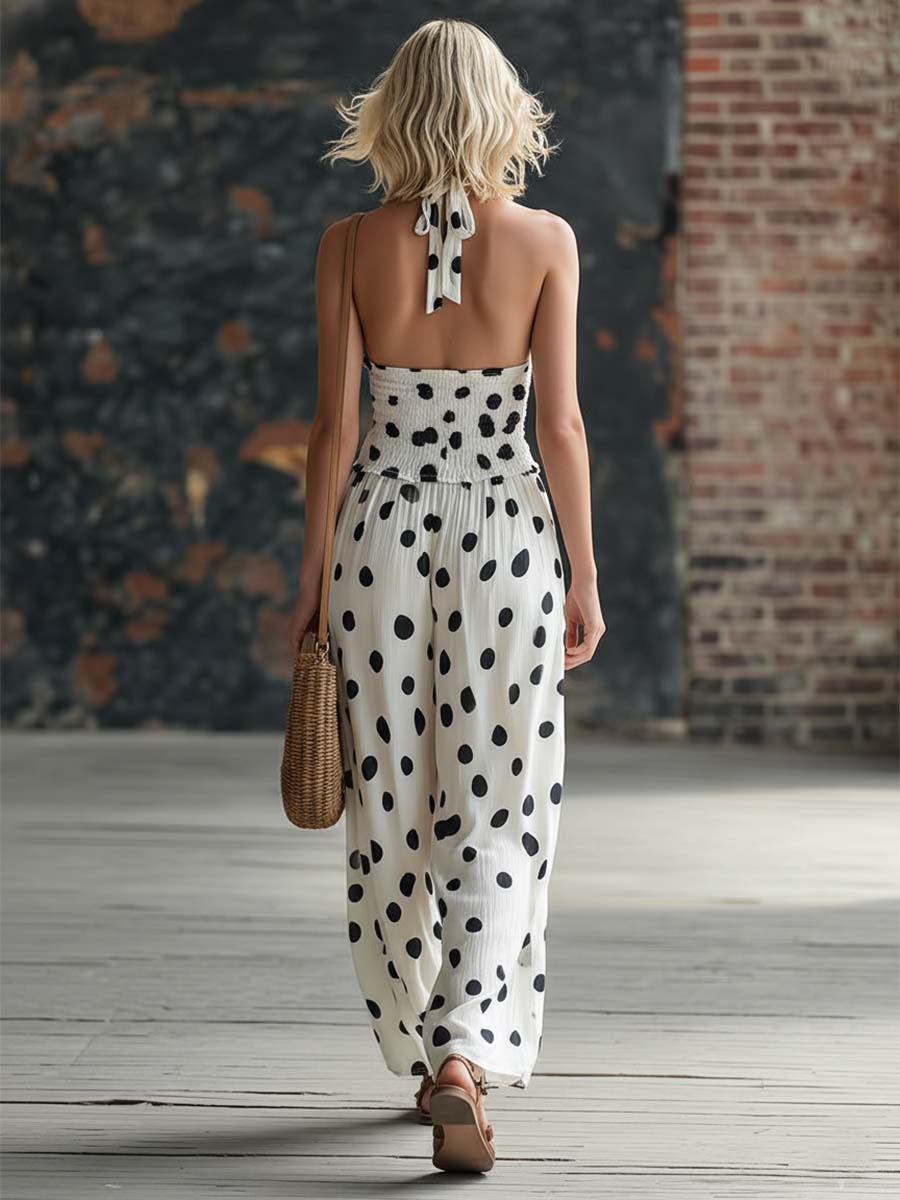 Retro-chic Polka Dot Print White Chiffon V-neck Top And Trousers Set