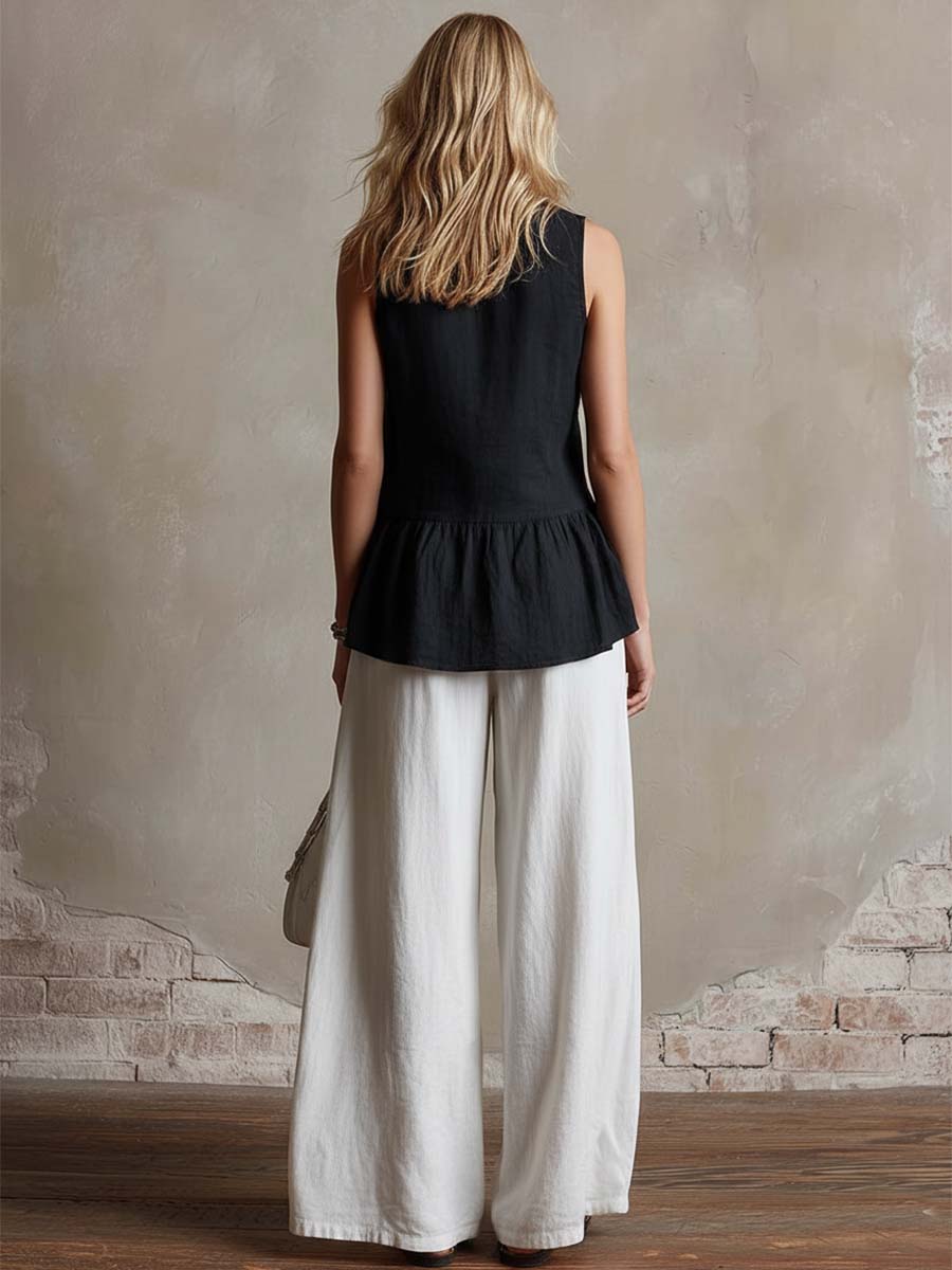 Retro Casual Paisley Embroidered Black Button-down Top And White Cotton-linen Trousers Set