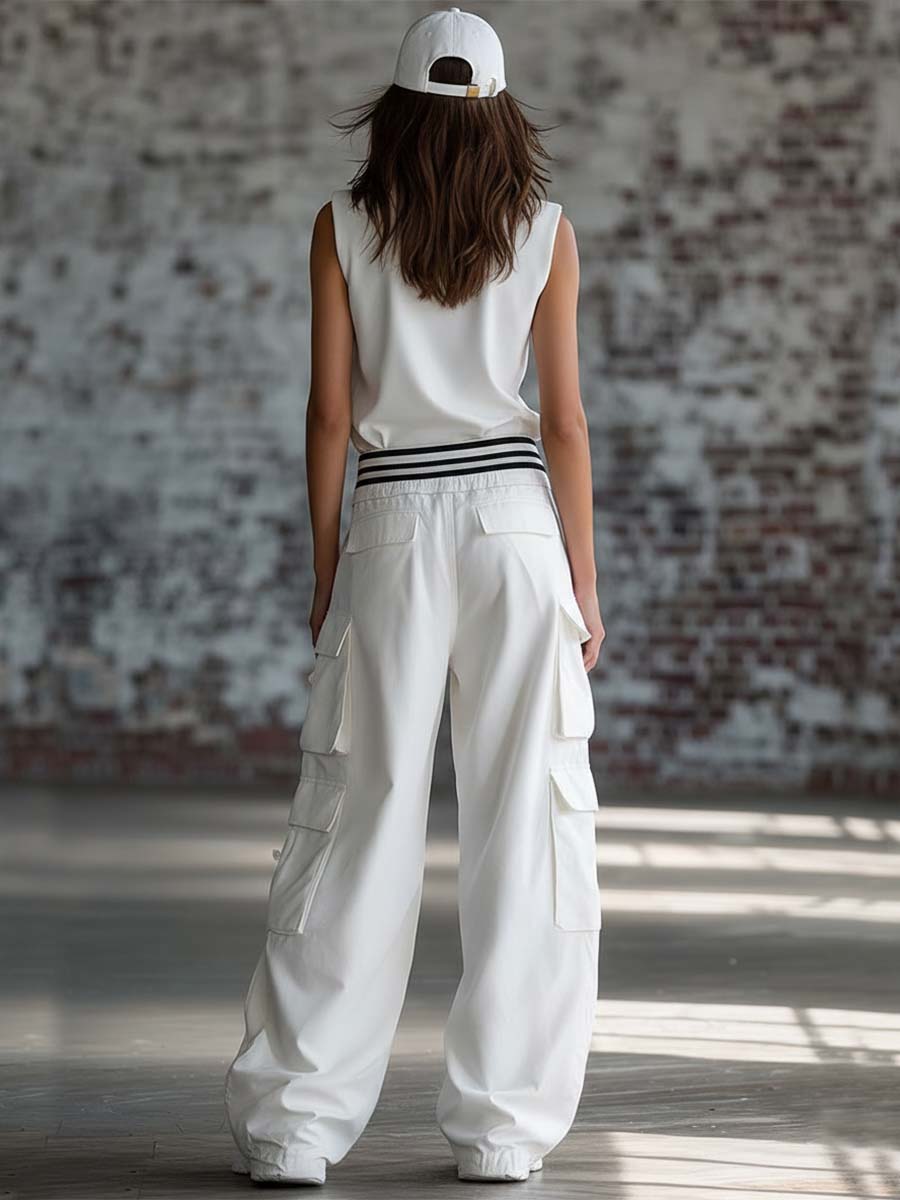 Exquisite Fashion Athletic Workwear Style White Cotton Sleeveless Top With A Mock Neck And Pants Set