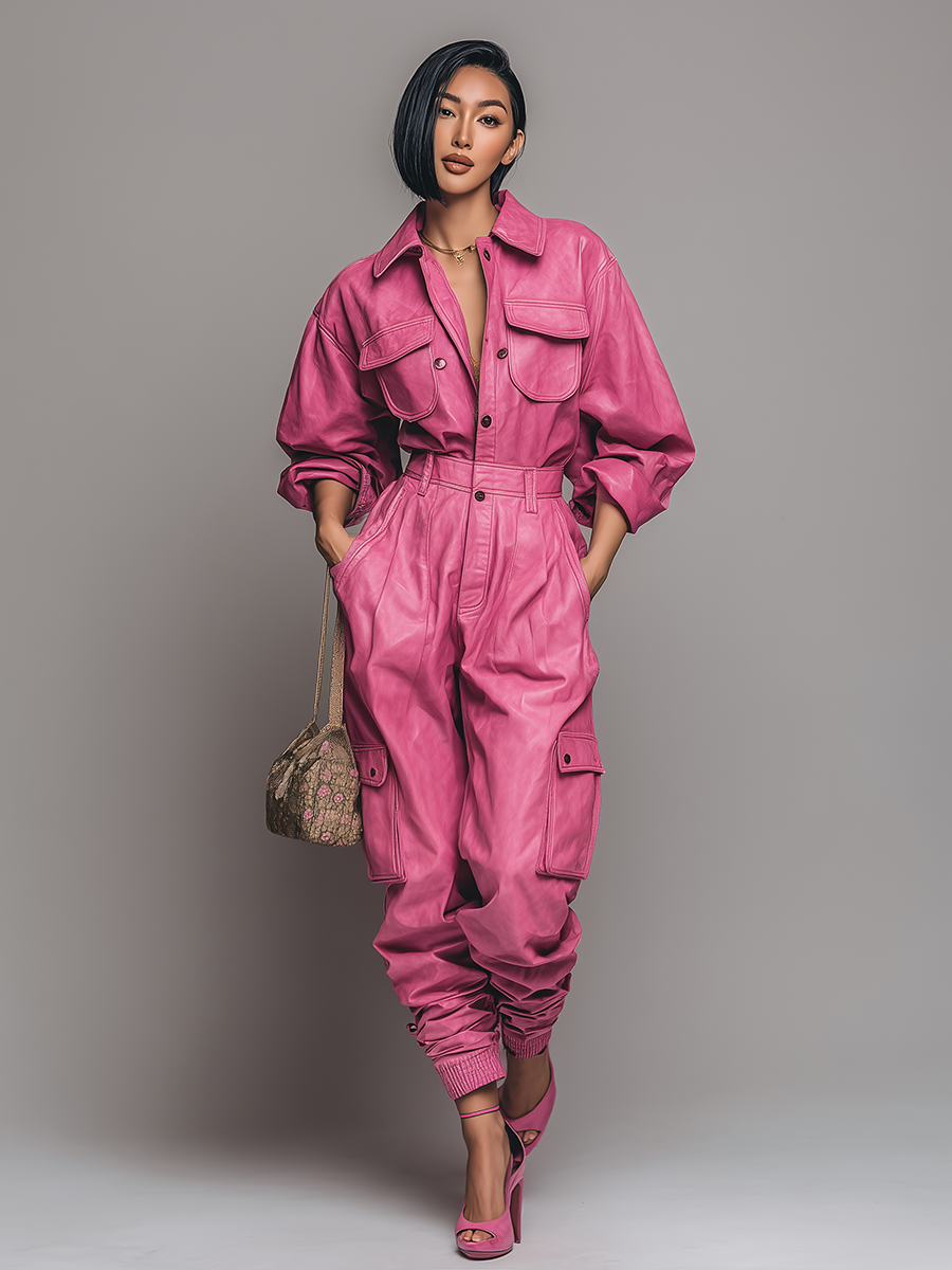 Vintage Street Style Leather Cargo Jumpsuit