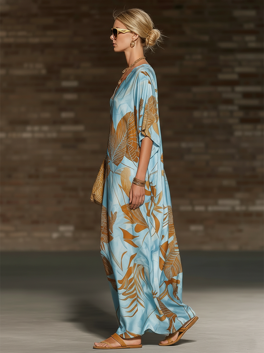 Retro-chic Loose-fitting V-neck Short-sleeved Palm Leaf Print Blue Satin Maxi Dress