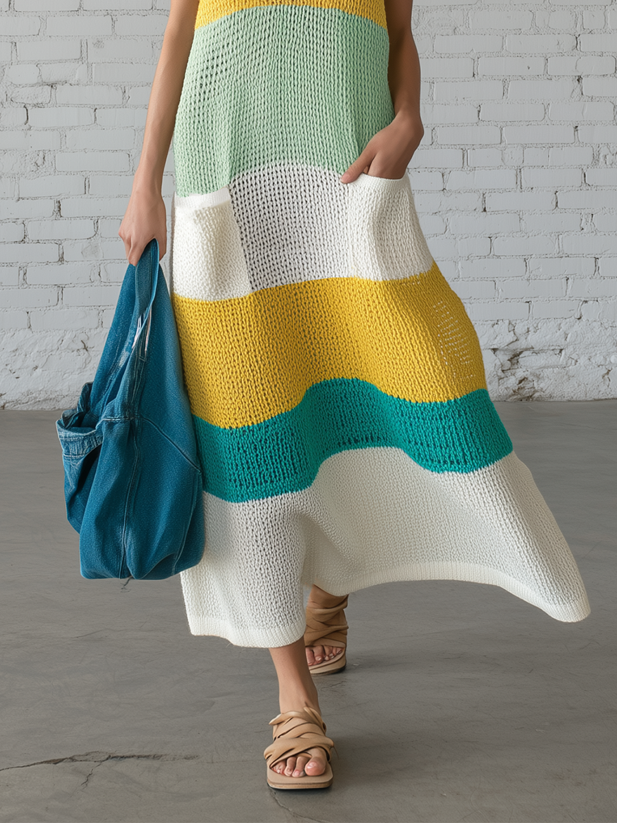 Casual V-neck Sleeveless Knitted With Yellow And Green Stripes Maxi Dress