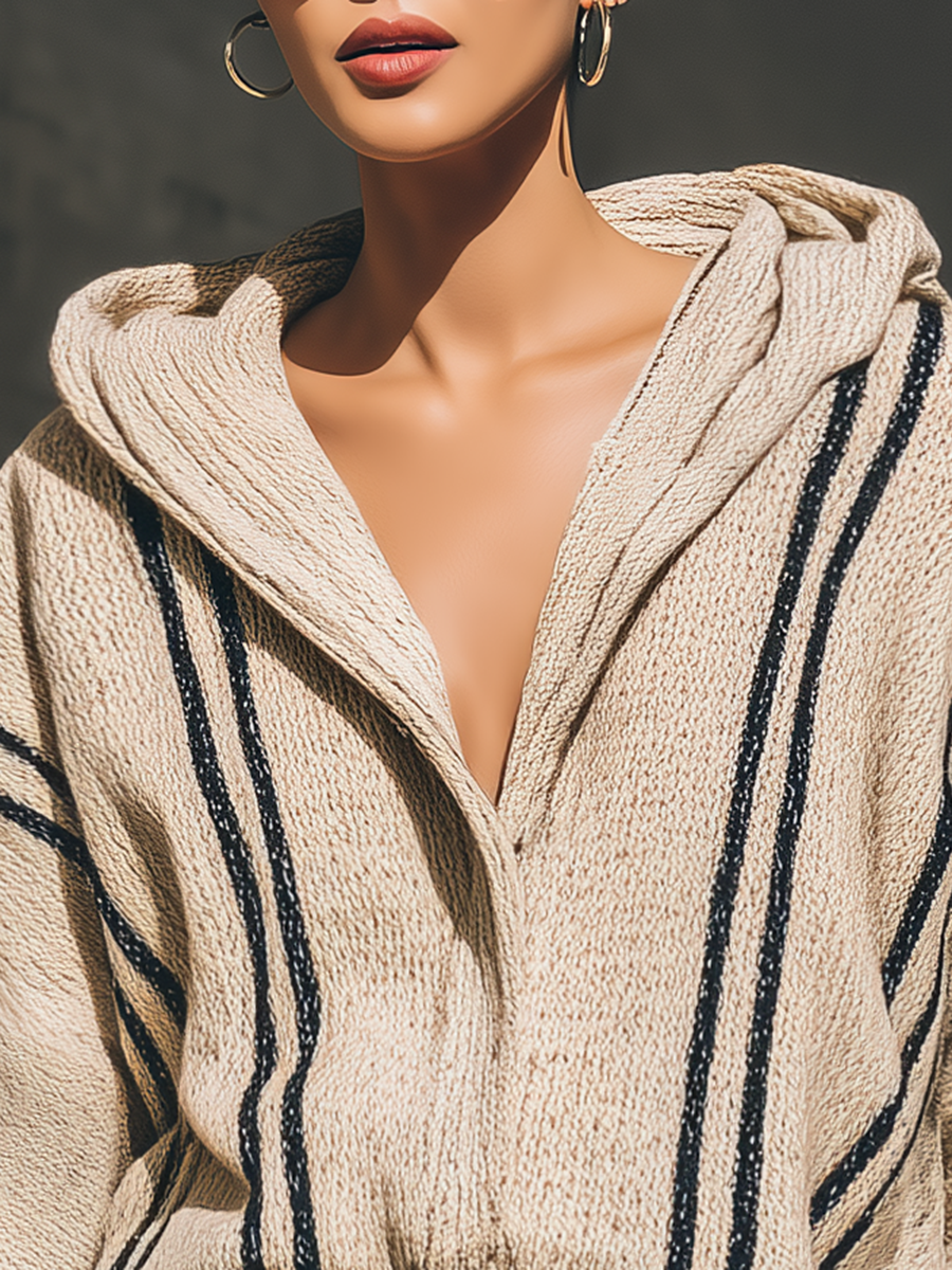 Vintage Street Style Loose Striped Hooded Knit Cardigan