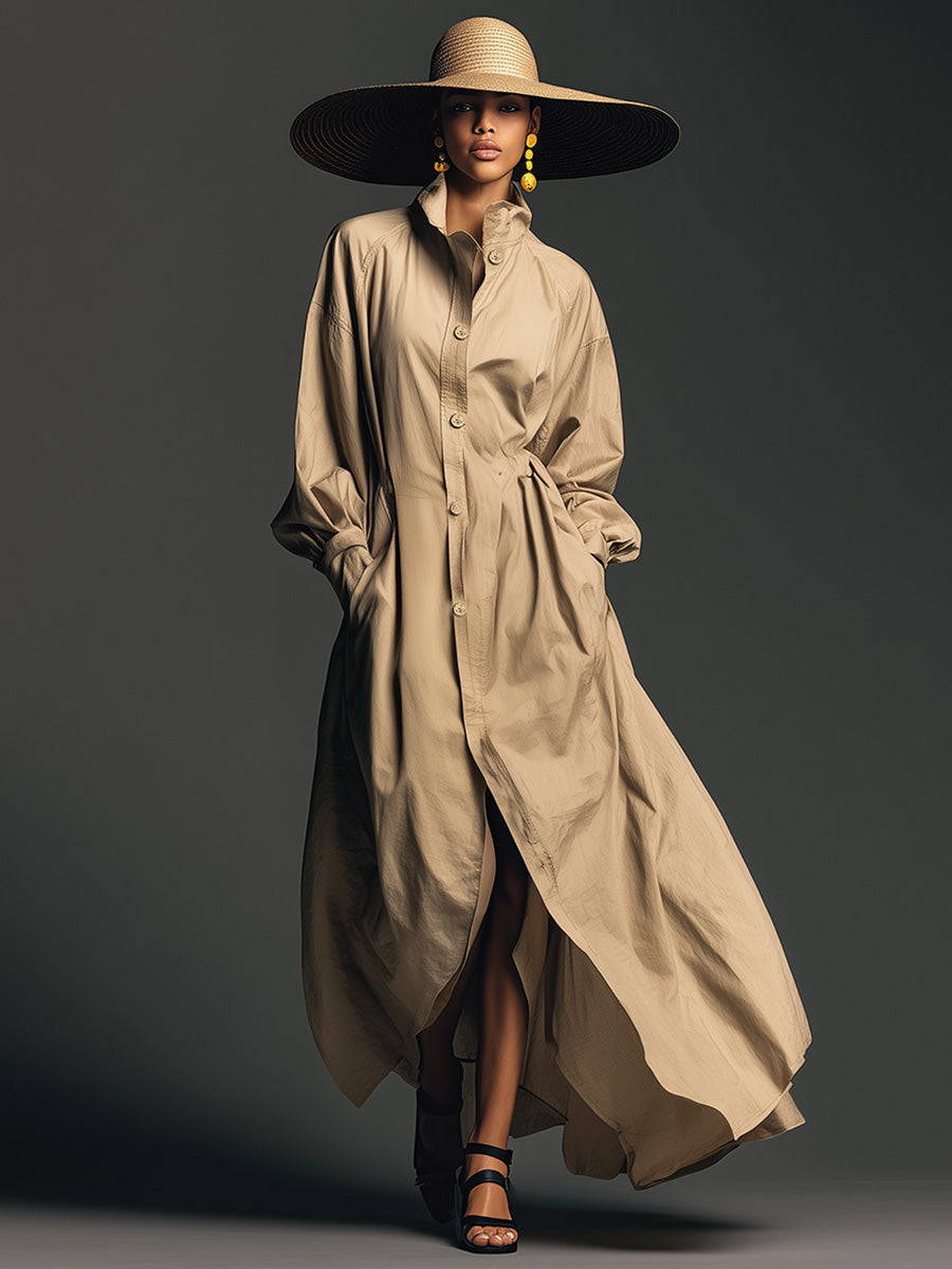 Retro Classic Fashion Stand Collar Front Button Slit Khaki Cotton Trench Coat Maxi Dress