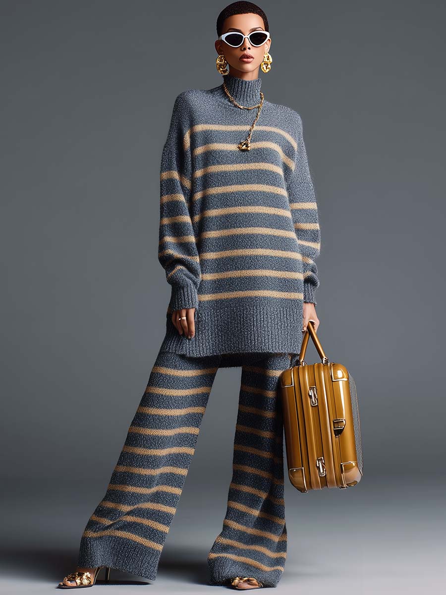 Vintage Style Street Style High Collar Striped Long Knitted Top And Pants Set