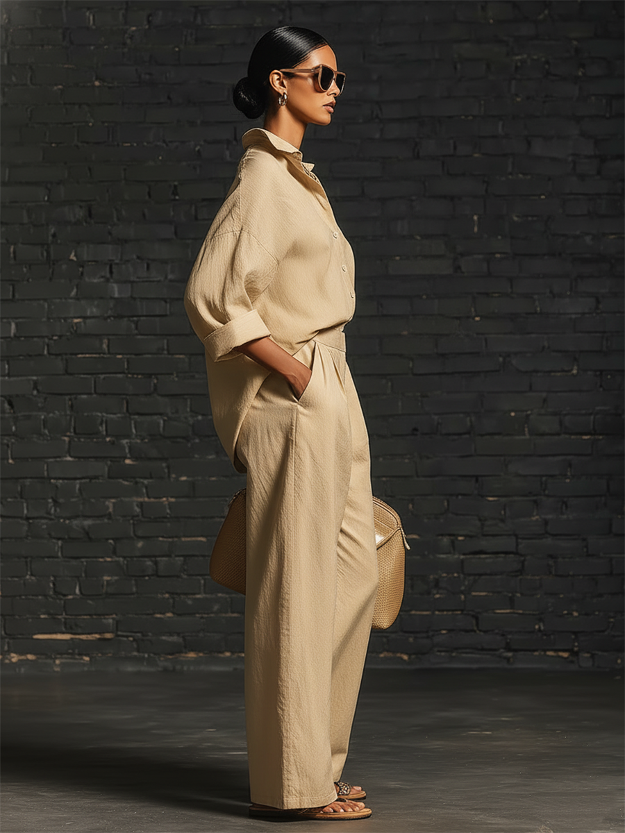 Chic Minimalist Short-Sleeve One-Shoulder Front Buttons Collared Top And Pleated Wide-Leg Trousers Beige Cotton Set