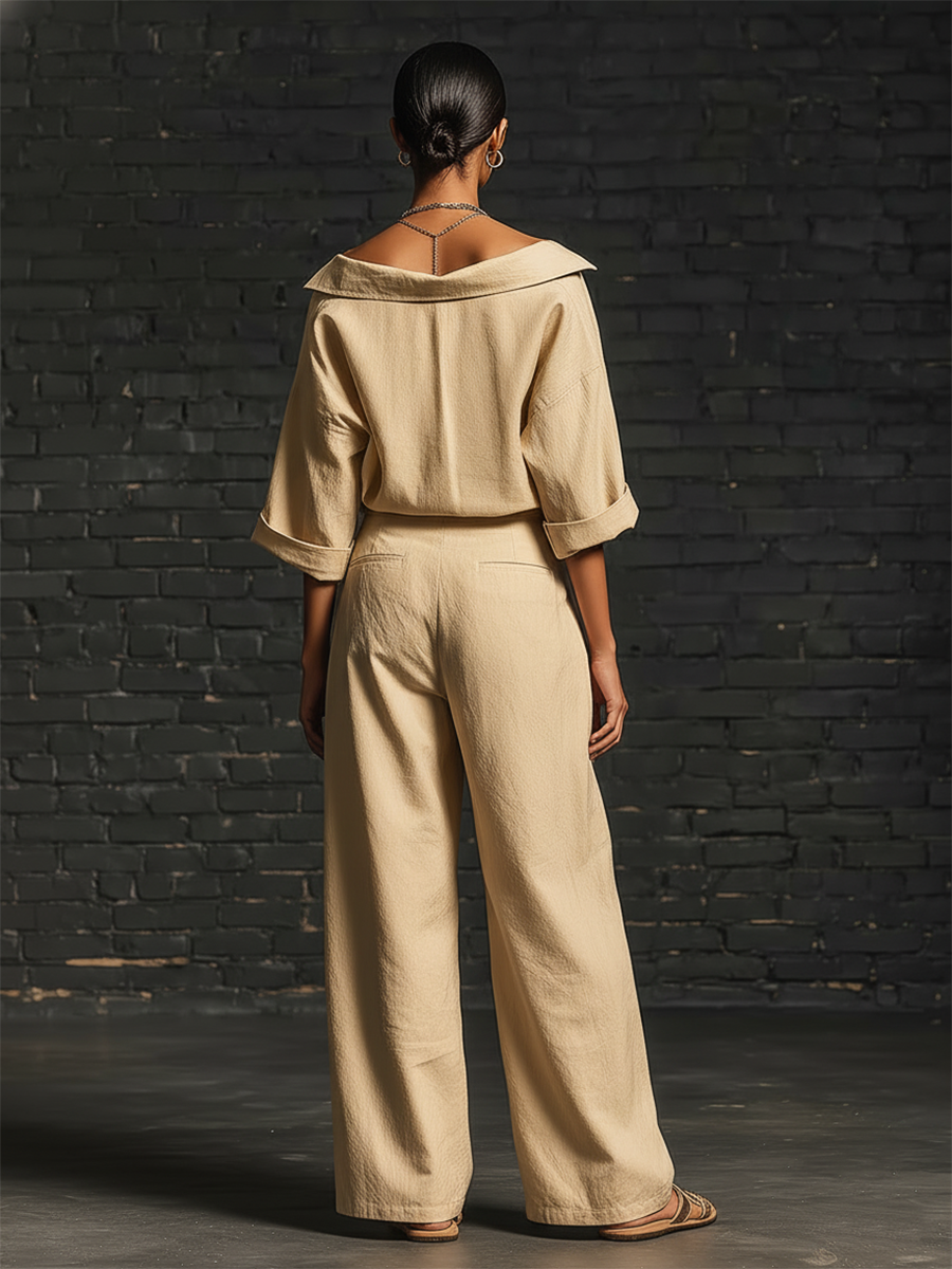 Chic Minimalist Short-Sleeve One-Shoulder Front Buttons Collared Top And Pleated Wide-Leg Trousers Beige Cotton Set