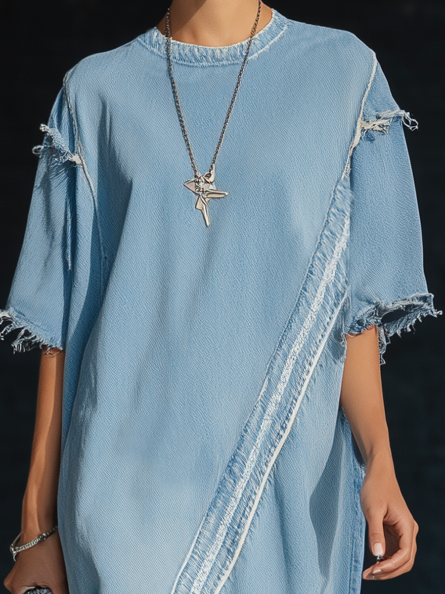 Stylish Simple Loose-fitting Short-sleeved Frayed Edges Diagonal Trim Light Blue Denim Mini Dress