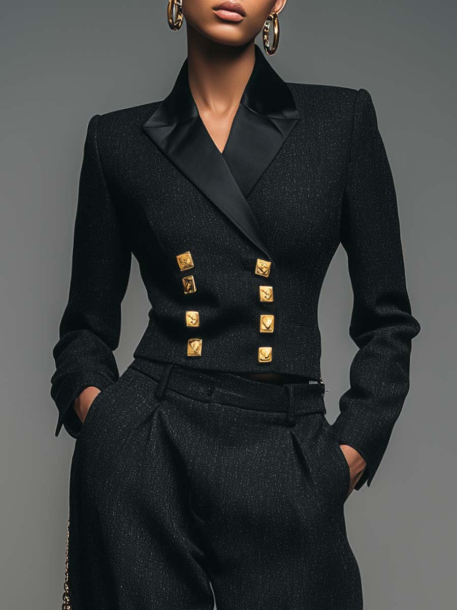Retro Fashion Black Peak Lapel Cropped Blazer And Trousers Suit