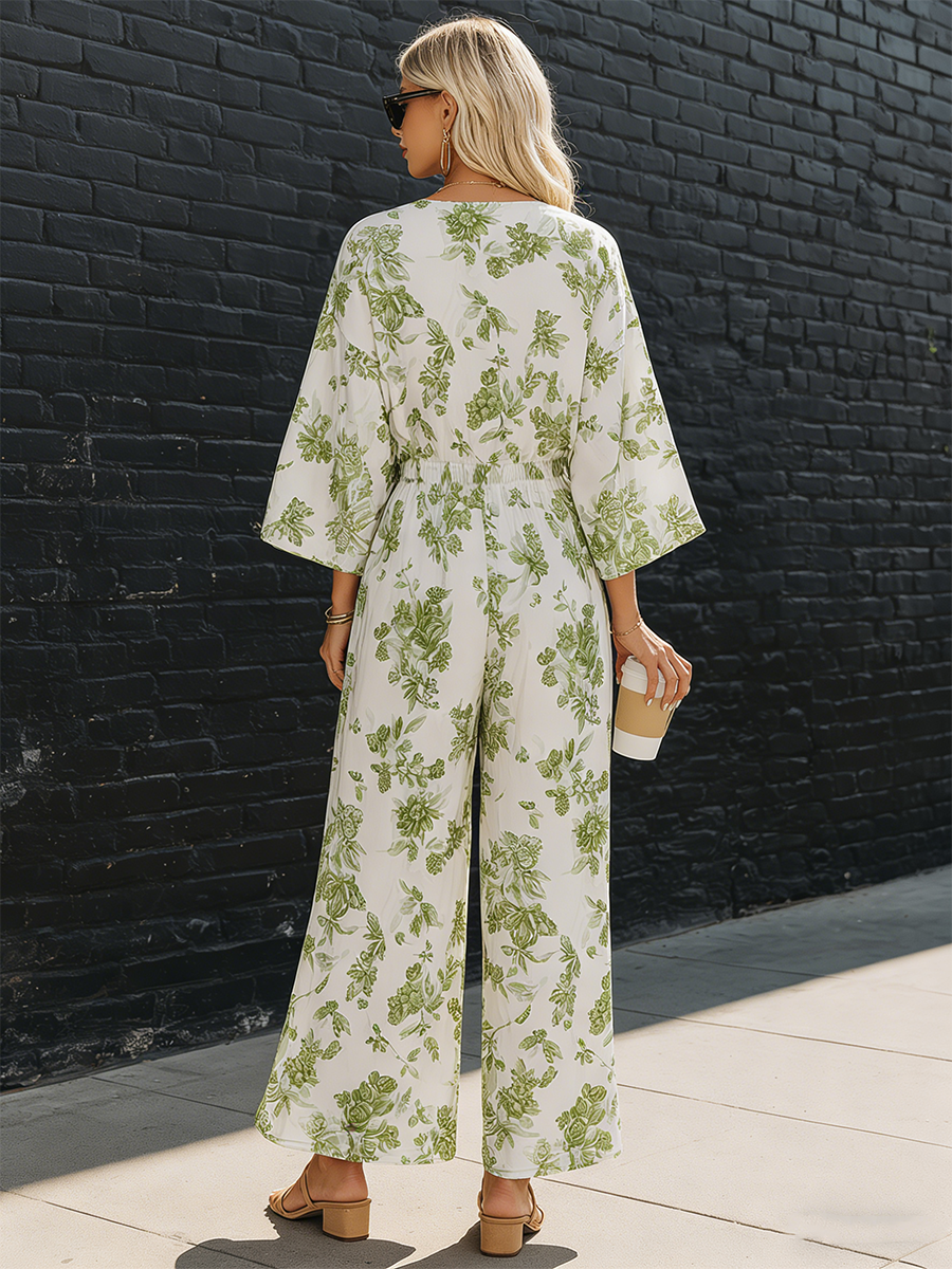 Resort Style White Chiffon Printed Bell Sleeve Top And Wide Leg Pants Set