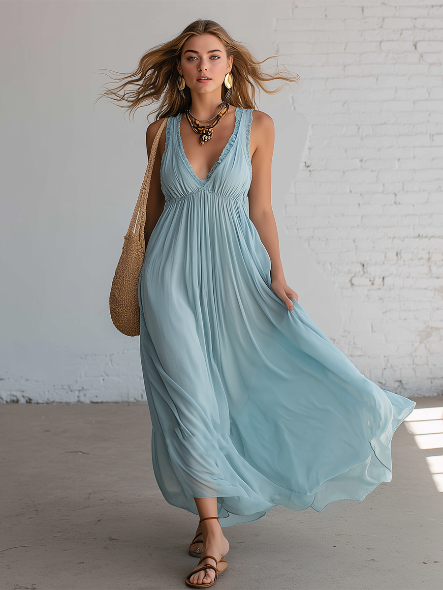 Resort Style Blue Chiffon V-neck Pleated Maxi Dress