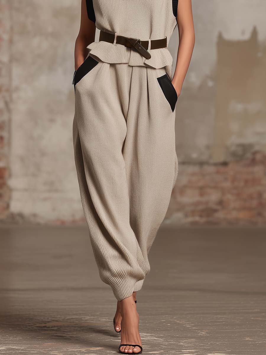 Casual Urban Black Trim Beige Knitted V-neck Sleeveless Top And Pants Set