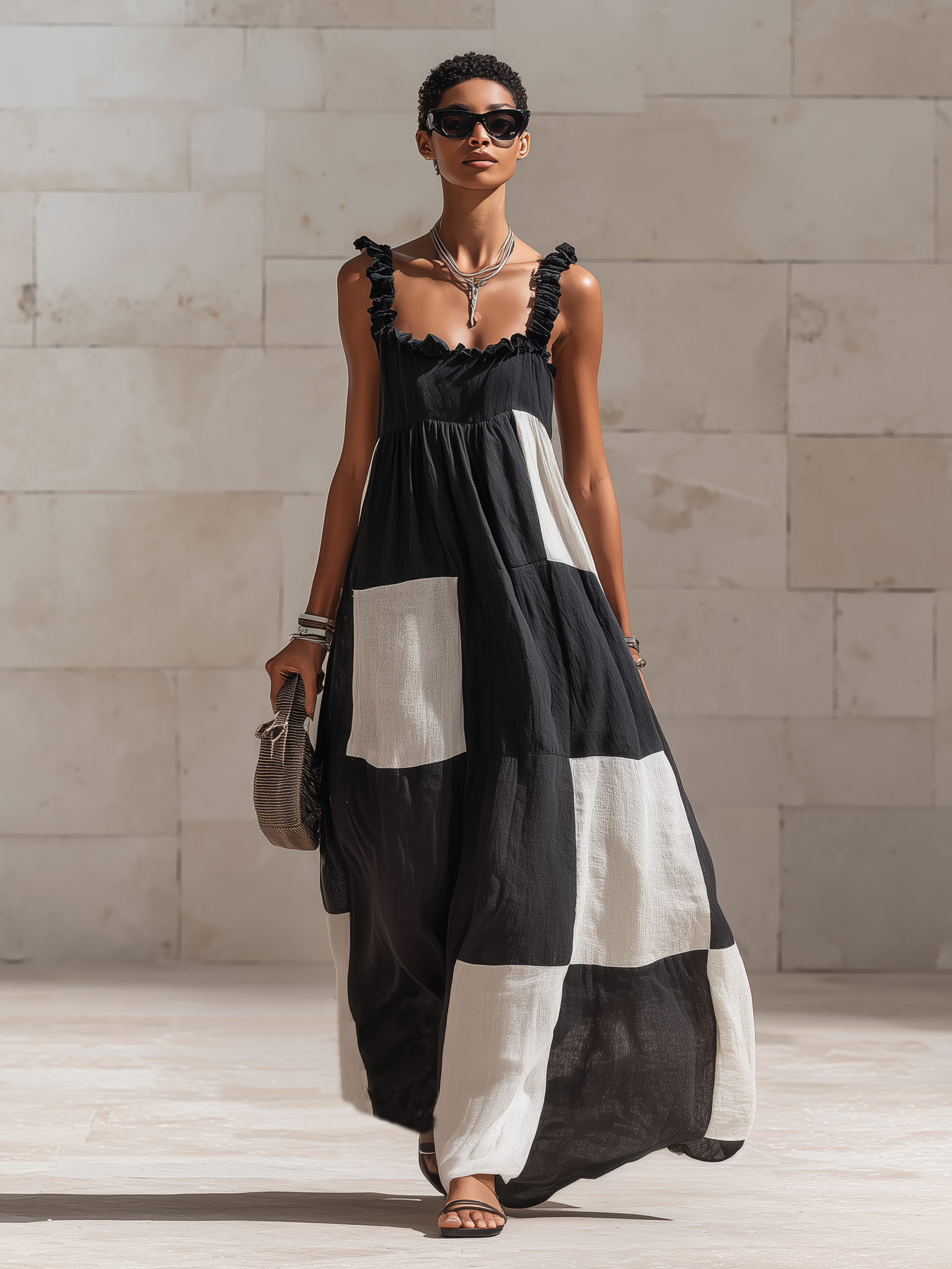 Stylish Minimalist Sleeveless White Square-Panel Ruffled Straps Black Cotton Maxi Dress