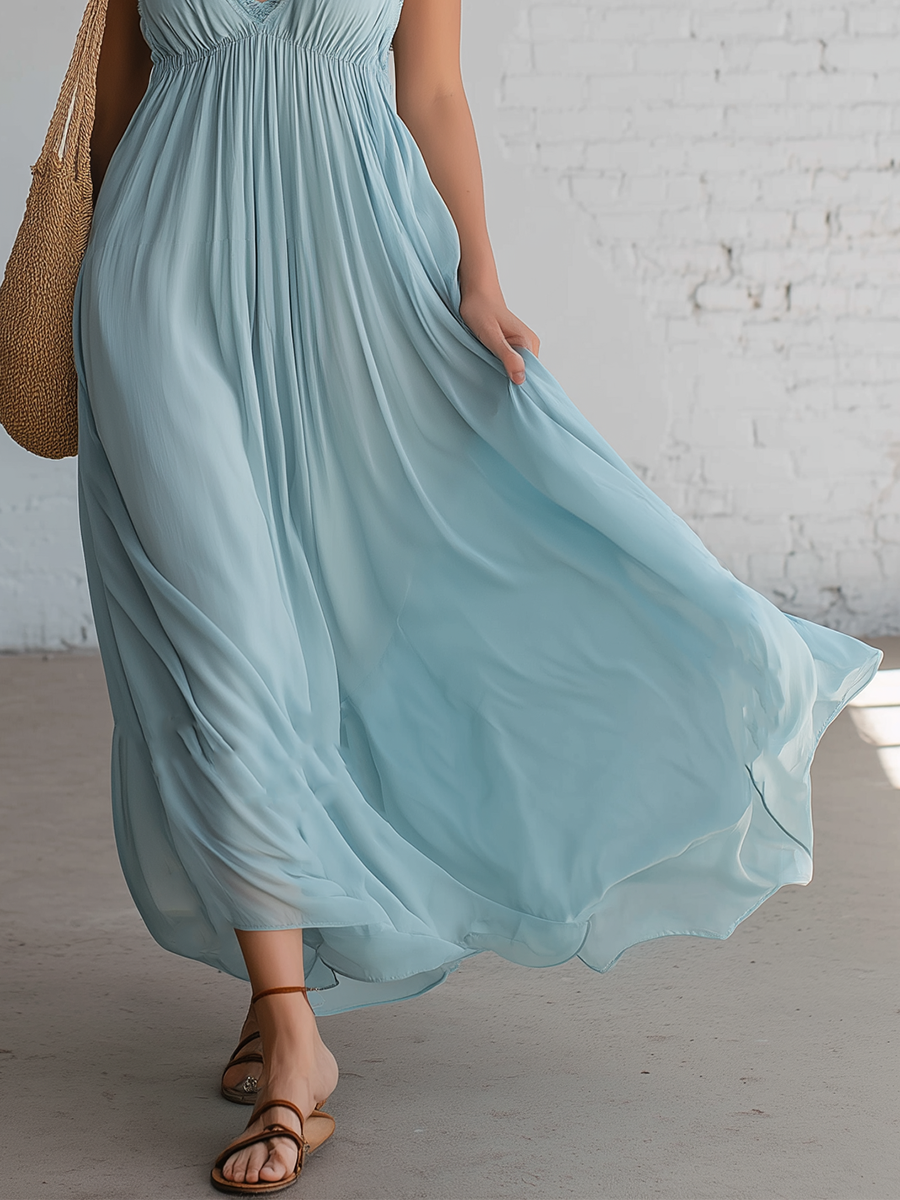 Resort Style Blue Chiffon V-neck Pleated Maxi Dress