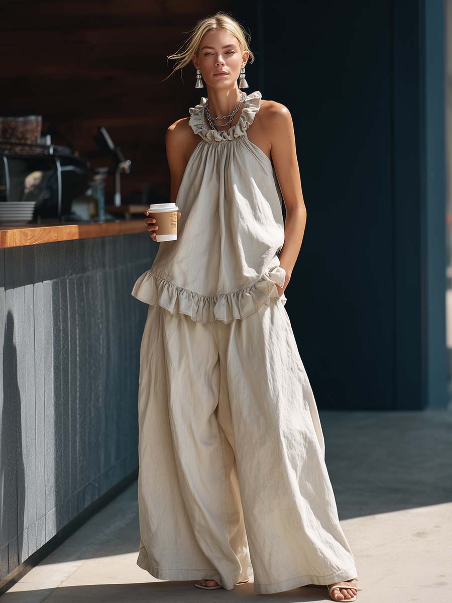 Casual Retro Urban Beige Cotton Linen Top And Pants Set