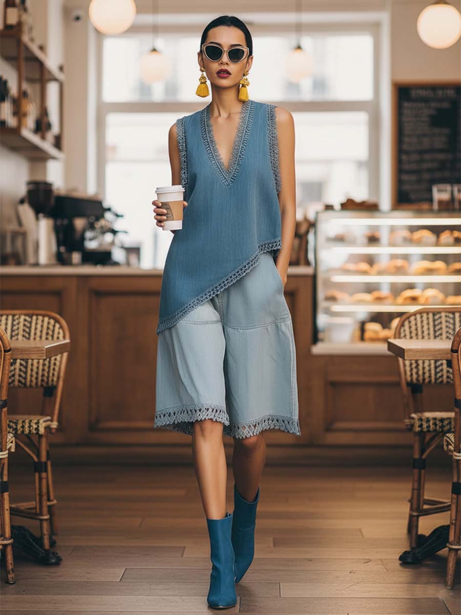 Casual Urban Style Lace-trimmed V-neck Asymmetrical Blue Denim Top And Shorts Set