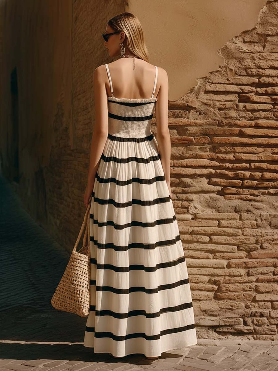 Elegant Retro Black Striped Off-white Chiffon Slip Dress