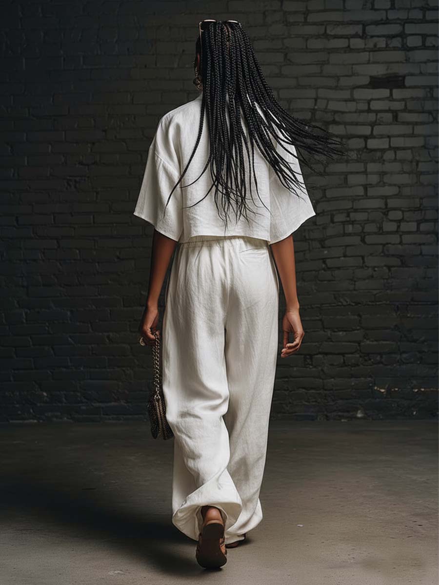 Personalized Casual Urban White Cotton Pleated Short-sleeved Shirt And Pants Set