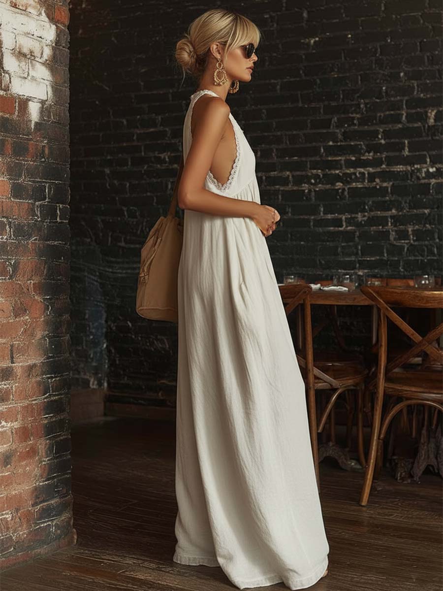 Retro Urban Bohemian V-neck Lace Trim Sleeveless Off-white Cotton Jumpsuit