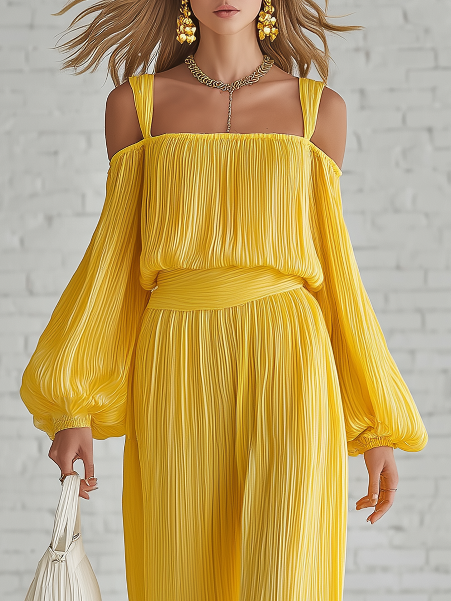 Casual Yellow Pleated Off Shoulder Chiffon Top And Wide Leg Pants Set
