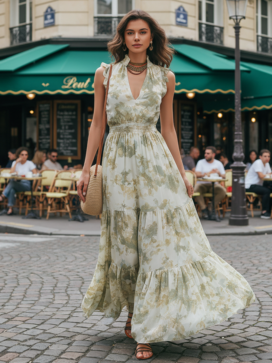 Casual White Chiffon Printed V-neck Sleeveless Ruffled Maxi Dress