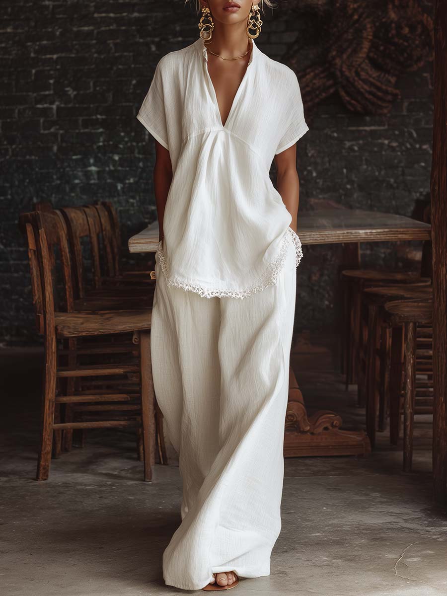 Elegant Casual Urban Style V-neck Lace Hem White Cotton Short-sleeved Top And Pants Set