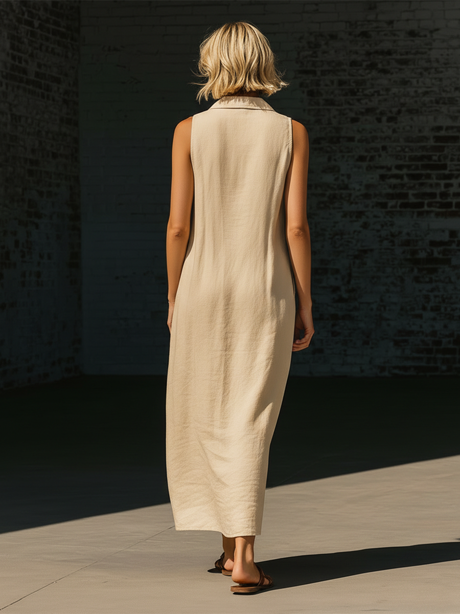 Stylish Simple Sleeveless V-neck Front Slit Side Pockets Beige Cotton Maxi Dress