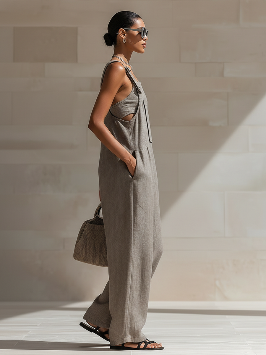 Stylish Minimalist With Adjustable Straps Decorative Square Front Pocket Grey Cotton Jumpsuit