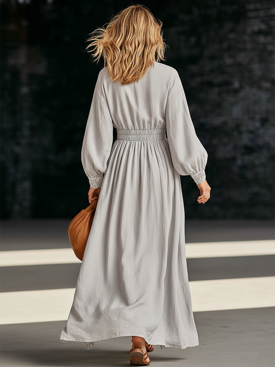 Retro Gray Cotton Linen V-neck Lace Patchwork Maxi Dress