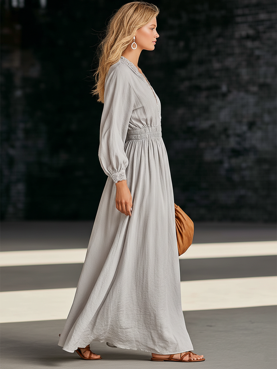 Retro Gray Cotton Linen V-neck Lace Patchwork Maxi Dress