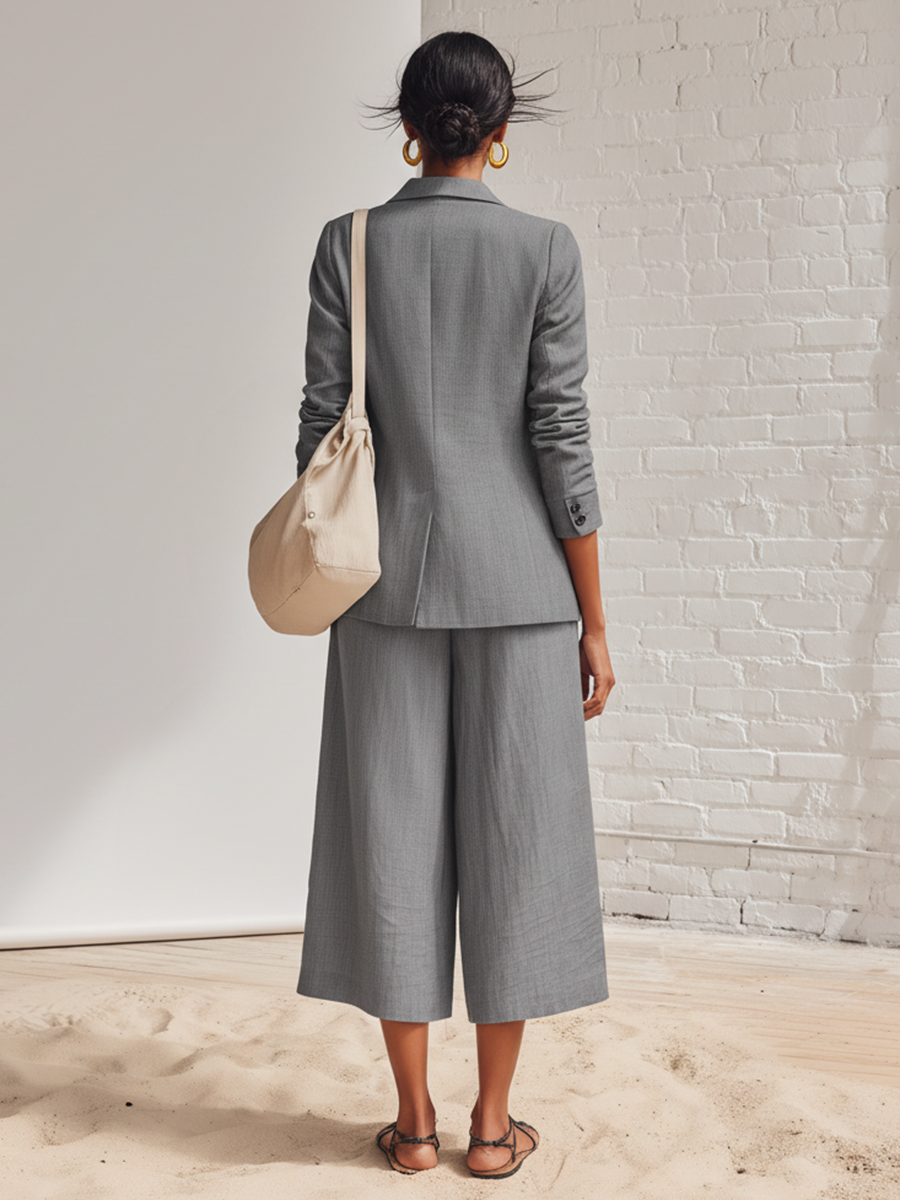 Loose Fitting Gray Cotton And Linen Suit With Lapel Jacket And Wide Leg Trousers Set