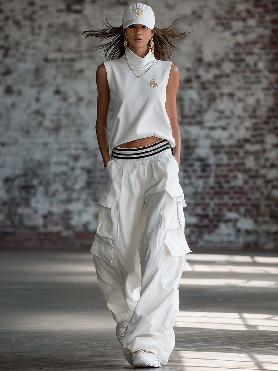 Exquisite Fashion Athletic Workwear Style White Cotton Sleeveless Top With A Mock Neck And Pants Set